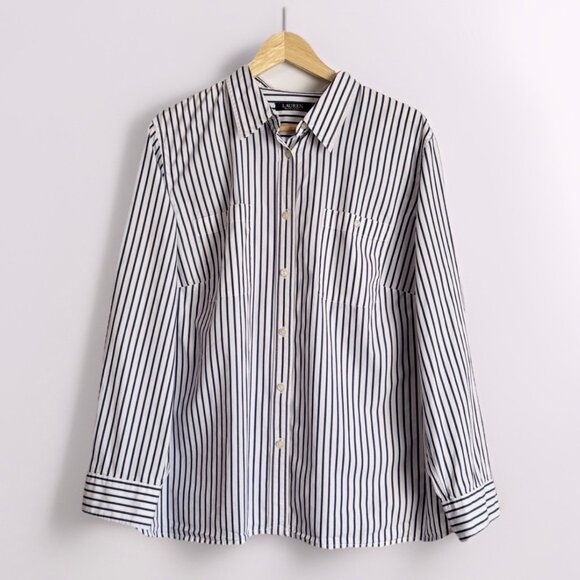 Lauren Ralph Lauren Women’s 2X Button Up Stripe Top White Blue Nautical Office - Picture 1 of 8